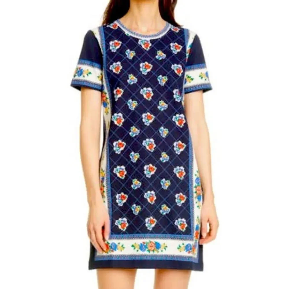 Tory Burch XS Navy Floral Border Print Pima Cotton Shift Mini Dress